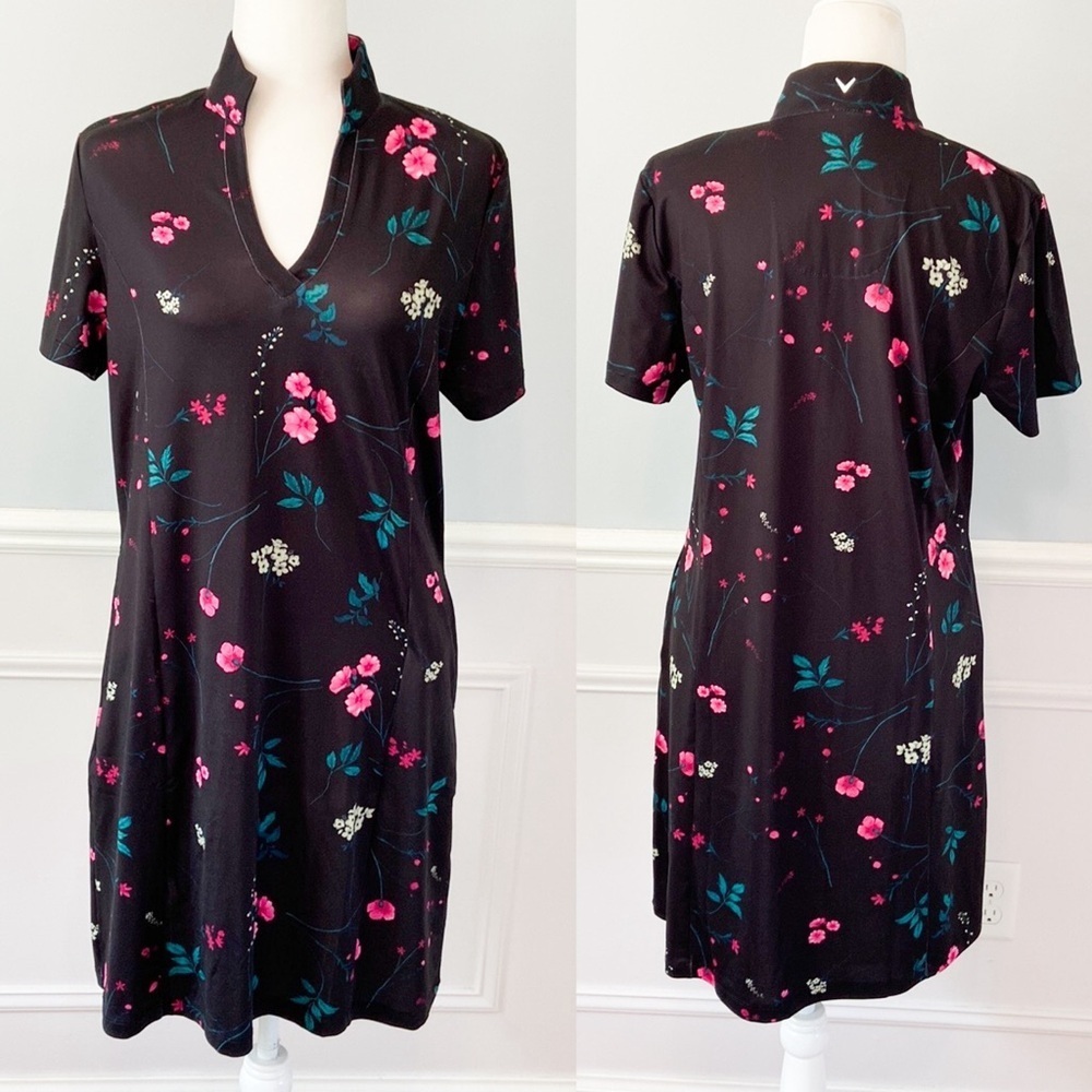 Callaway Golf Dress Opti Dri Women's Black Floral Short Sleeveless Sz L